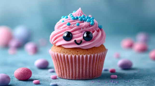 Adorable cupcake with pink frosting and a smiling face, decorated with sprinkles.