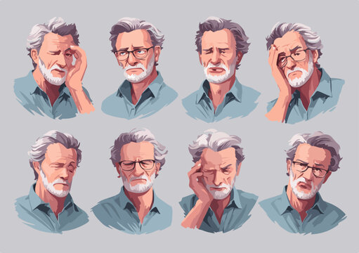 Espressioni facciali di un uomo anziano che manifesta stress, preoccupazione e stanchezza.