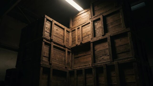 Wooden crates stacked in a dimly lit storage room