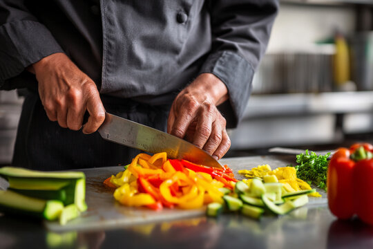 A chef chopping colorful bell peppers and zucchini for a vegan stir-fry at a stainless steel counter.