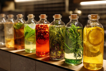 A sleek counter with various detox drinks and herbal teas steeping in clear bottles, suggesting cleansing and wellness.