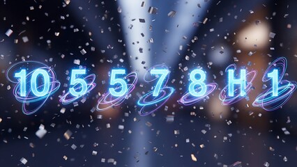 Neon numbers floating with confetti against a blurred background, suggesting celebration or countdown (1)