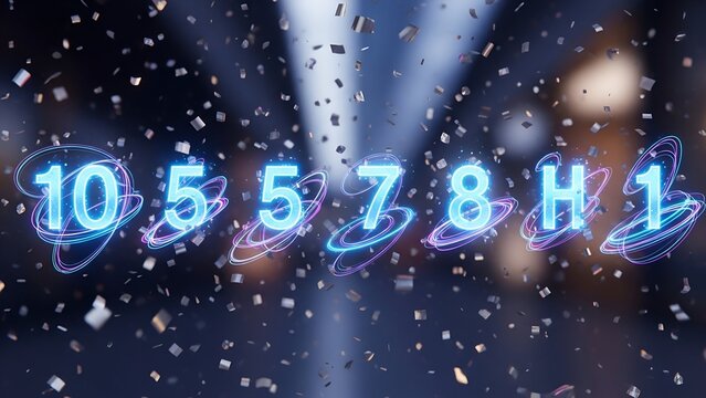 Neon numbers floating with confetti against a blurred background, suggesting celebration or countdown (1)