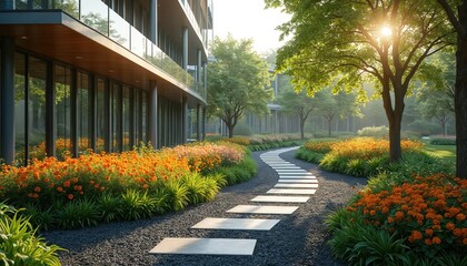 Fototapeta premium Modern corporate campus landscape design. Path leads through rich garden with flowers, trees. Building features modern architecture with glass windows, balcony. Bright sun shines. Wellness concept