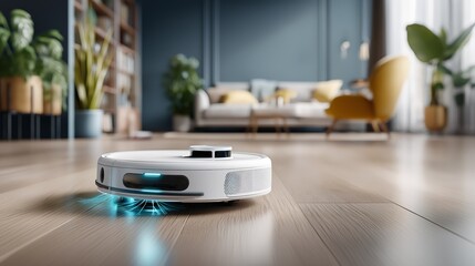 Smart robotic vacuum cleaner on wooden floor in bright modern living room representing home automation and intelligent cleaning technology, Generative AI