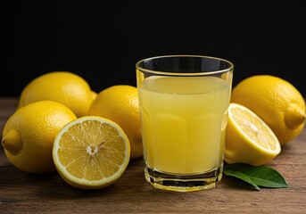 A vibrant close-up of a glass filled with freshly squeezed lemon juice, surrounded by halved and whole ripe lemons on a rustic surface ,healthy ,cut ,lemon
