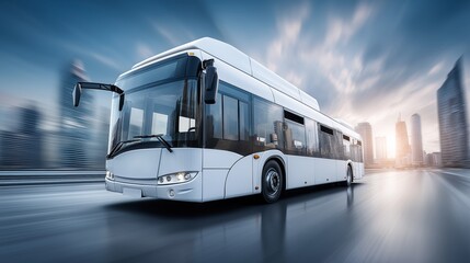 Modern white city bus driving through urban skyline symbolizing clean public transportation, smart city mobility, and sustainable travel concept, Generative AI
