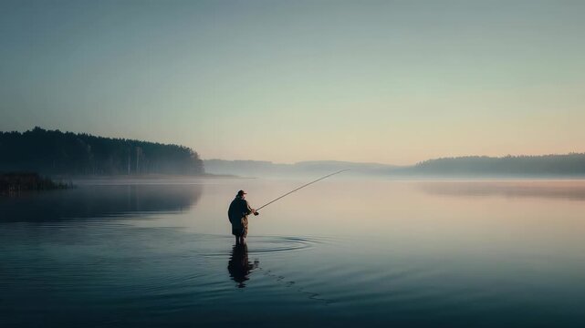 A serene landscape shows a solitary angler fishing in still water, surrounded by soft morning fog. The gentle light and quiet atmosphere evoke a sense of relaxation and connection with nature