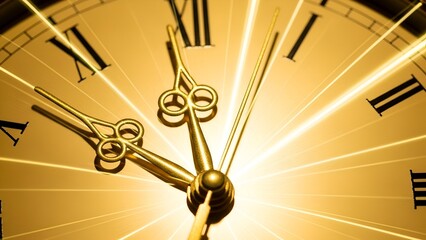 Close-up of a clock face with gold hands and Roman numerals, with light streaks
