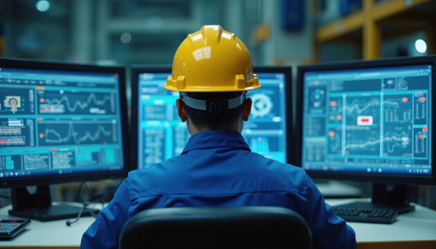 Worker monitors multiple screens. Wears safety helmet in control room. Engineer analyzes data in industrial setting. Tech worker checks process performance. Automation, monitoring displayed on