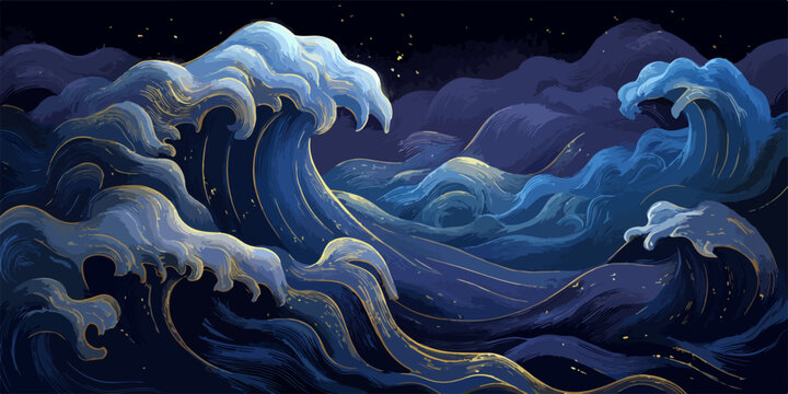 Onde marine stilizzate con riflessi dorati brillano sotto un cielo notturno stellato.