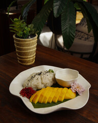 Traditional Thai Mango Sticky Rice Dessert with Coconut Milk Served on White Plate