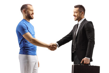 Football player and a businessman shaking hands