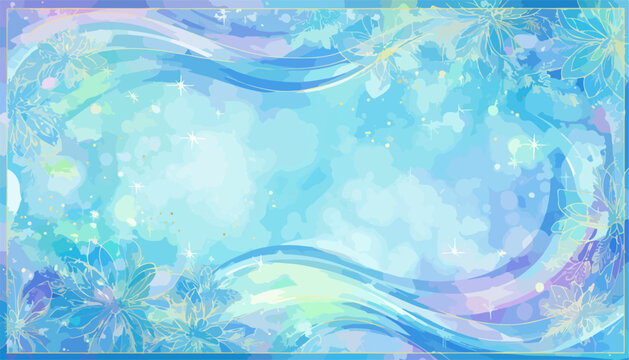 Cornice acquatica eterea con fiori stilizzati e onde scintillanti in tonalit&agrave; pastello.