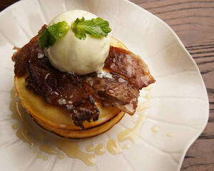 Gourmet Pancake with Grilled Beef and Vanilla Ice Cream Topped with Honey Syrup