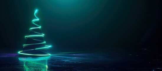 Minimalist neon Christmas tree, glowing in green light lines on dark background, futuristic style, dark background, banner with copy space. modern tech holiday, futuristic festive advertisements.