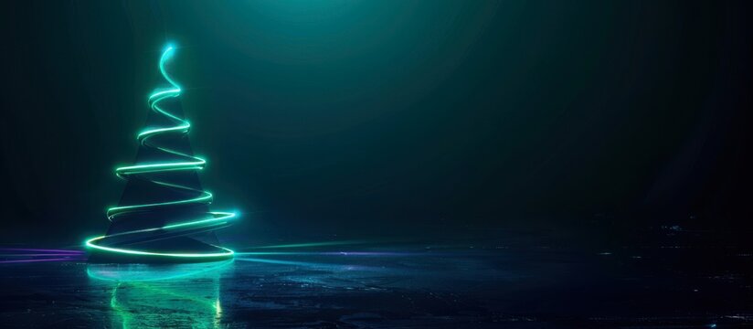 Minimalist neon Christmas tree, glowing in green light lines on dark background, futuristic style, dark background, banner with copy space. modern tech holiday, futuristic festive advertisements.