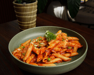 Italian Penne Pasta with Tomato Sauce and Parmesan Cheese Served in Ceramic Bowl