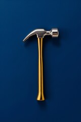 Golden hammer on blue background, minimal style, metallic colors, concept of craftsmanship and success with space to copy
