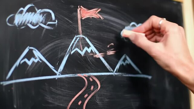 A hand draws a chalk mountain with a red flag on a black chalkboard, symbolizing success, goals, and motivation. The image depicts a journey towards achievement.