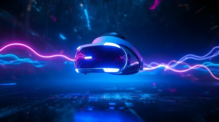 A sleek, futuristic virtual reality headset levitates in the center of the frame, bathed in the glow of vibrant, swirling neon lights. The background is a dark, abstract expanse.