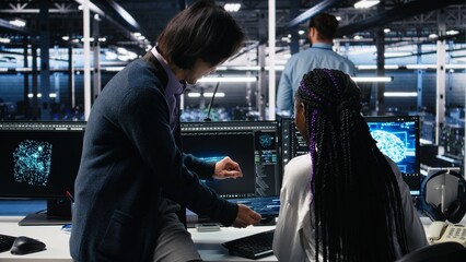 Multiracial technicians in diverse data center review AI diagnostics, analyzing neural network performance. Asian man and african american woman optimize artificial intelligence systems, camera A