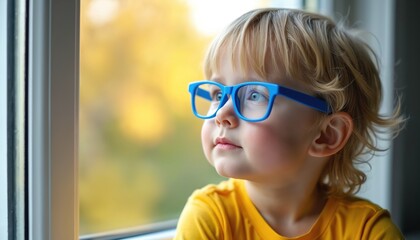 Young child wearing blue glasses looks out window focusing on distant tree. Blond kid in yellow shirt gazes outside through glass. Child explores nature with corrected vision.