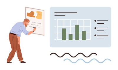 Man engaging with a board covered with notes and writing while analyzing a linked chart featuring a bar graph and details. Ideal for data analysis, planning, teamwork, strategy, education, research