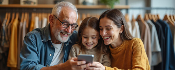 Elderly man and young woman with little girl using smartphone together in clothing store. Family members make online purchase or payment on mobile phone. Multi-generational tech use at retail shop.