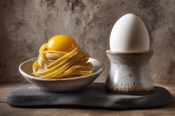 Mountain Spring House Larder With Spelt Tagliatelle Coils And Goose Egg Yolk In Rustic Pourer Saucer On Riverstone Slab, Cool Northern Light, Heritage Grains, Alpine Kitchen