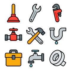 Obraz premium Colorful plumbing tools set featuring wrench, valve, and leaking faucet icons.