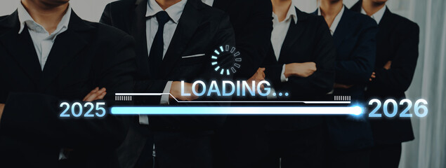 Group of business professionals symbolizing readiness and growth with a loading progress bar...
