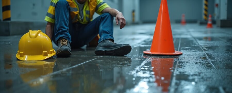 Man in yellow safety vest sits on wet floor at construction site next to yellow hard hat and orange safety cone. Worker fell on slippery floor. Accident at workplace. Man injured at industrial site.