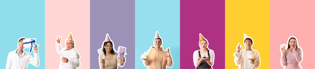 Set of people celebrating Birthday on color background