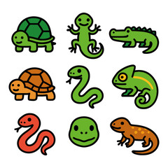 Obraz premium Colorful cartoon reptile collection featuring turtles, lizards, snakes, and crocodile.