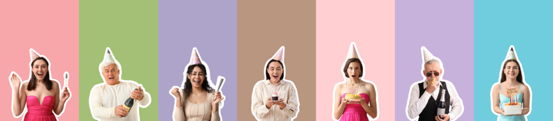Collage of people celebrating Birthday on color background