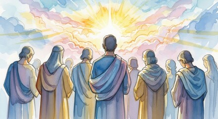 A watercolor scene presents group of people facing away from the viewer and gazing towards bright, ethereal light emanating colorful clouds above. Bible theme, All Saints' Day.