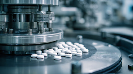 Pharmaceutical manufacturing machine producing white pills in a clean environment