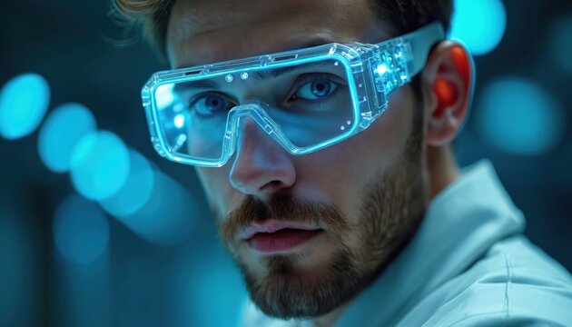 Man with beard wears futuristic transparent glasses with blue lights. Scientist looks straight to camera with determined expression in tech lab. Close up portrait of innovator