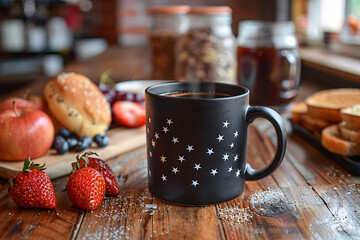 Morning coffee with fresh fruit and pastries on a rustic wooden table setup