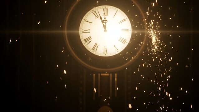 Close-up of ornate clock face with Roman numerals, sparks flying, dark golden ambiance
