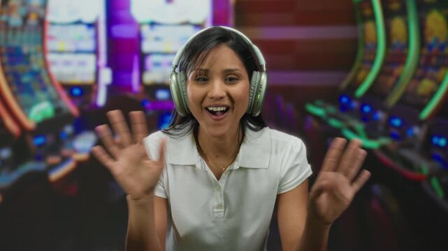 Young woman enjoying music in a casino setting with slot machines in the background, highlighting a relaxed and engaging atmosphere.