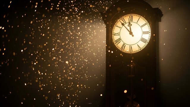 Illuminated antique grandfather clock showing minutes to midnight, surrounded by shimmering lights