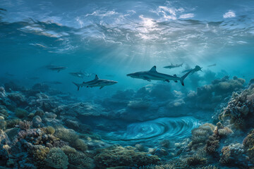 Obraz premium Top-Down Shot Of Blacktip Reef Sharks In Turquoise Lagoon Channel At Slack Tide, Sun-Ray Caustics Over Coral Rubble, East Nusa Tenggara, Clear Tropical Water