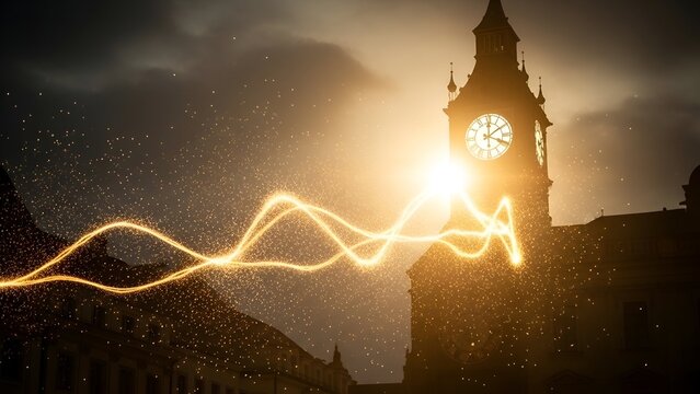 Glowing light trails illuminate a classical clock tower at dusk