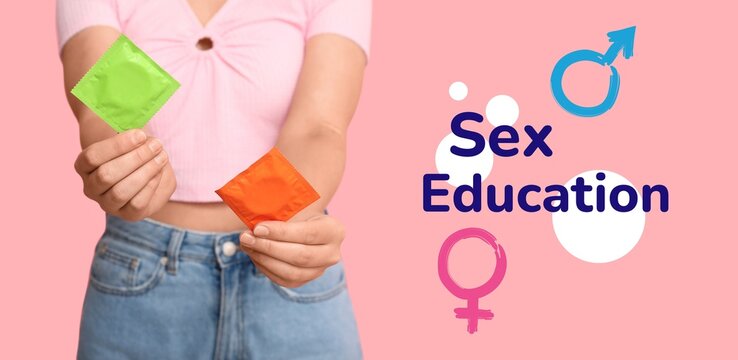 Woman with condoms and text SEX EDUCATION on pink background