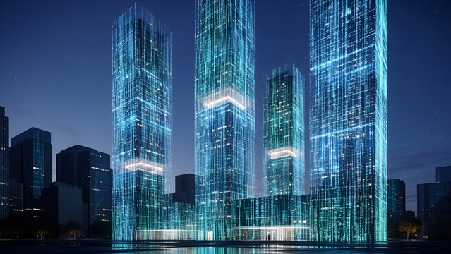 Digitally rendered cityscape at night with glowing skyscraper silhouettes