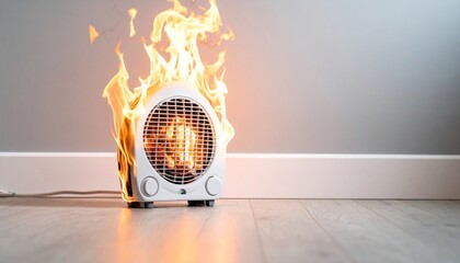Electric Fan Heater on Fire in Home Interior, Appliance Malfunction and Fire Safety Hazard