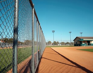 Fototapeta premium Chain link fence borders empty baseball field on sunny day. Clear blue sky above dirt path, green grass, distant dugout building. Stadium lights stand tall, ready for evening games. Quiet sports
