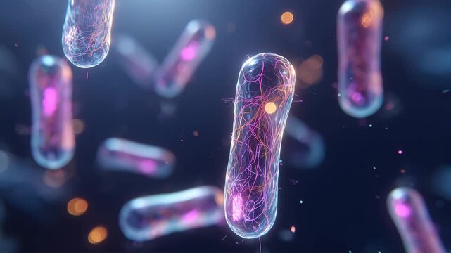 発光する桿菌が漂う微視的光景